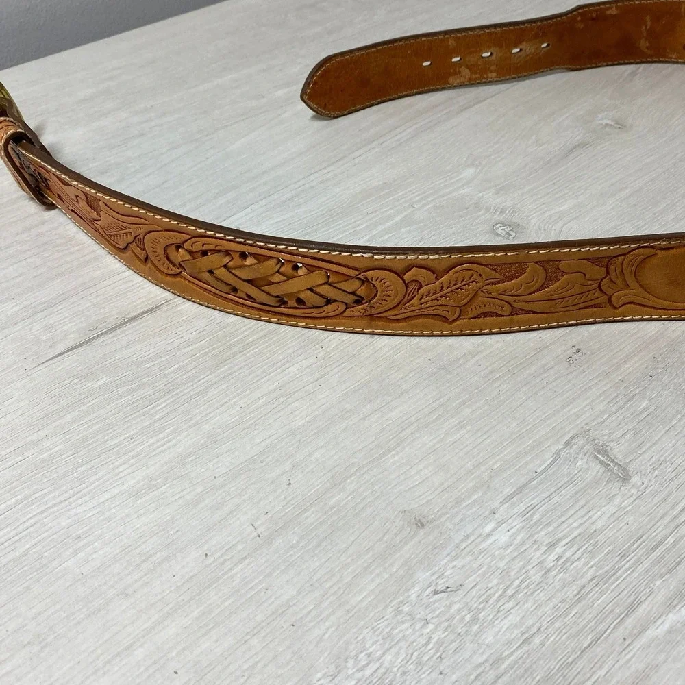 Larry Mahan Men Tan Leather Tooled Western Belt 36 Vintage Cowboy Country USA